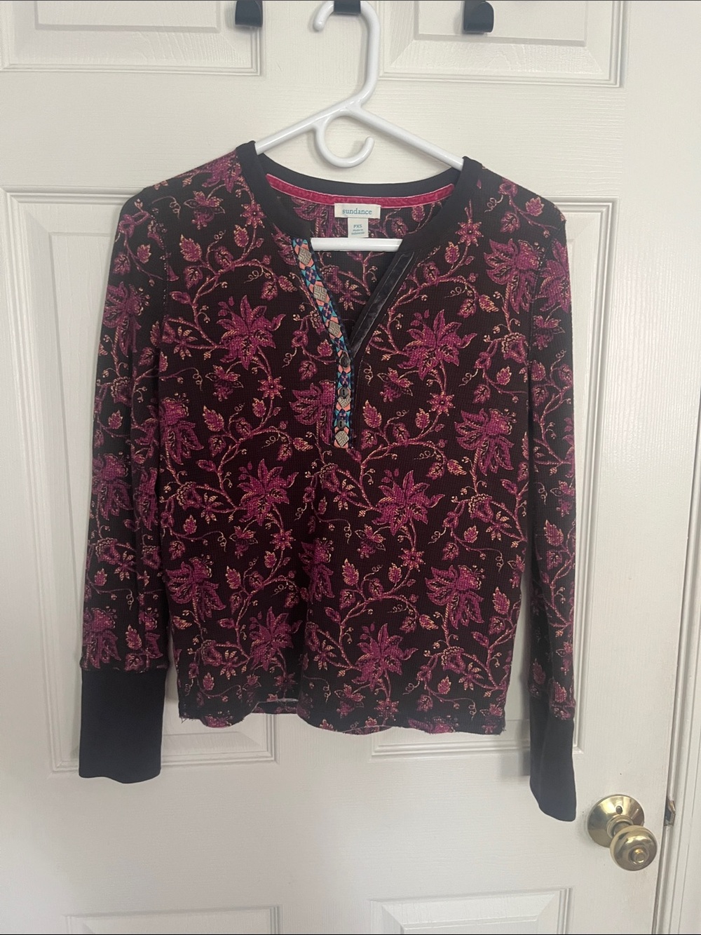 Sundance Black Long-Sleeve Henley with Magenta Floral Print